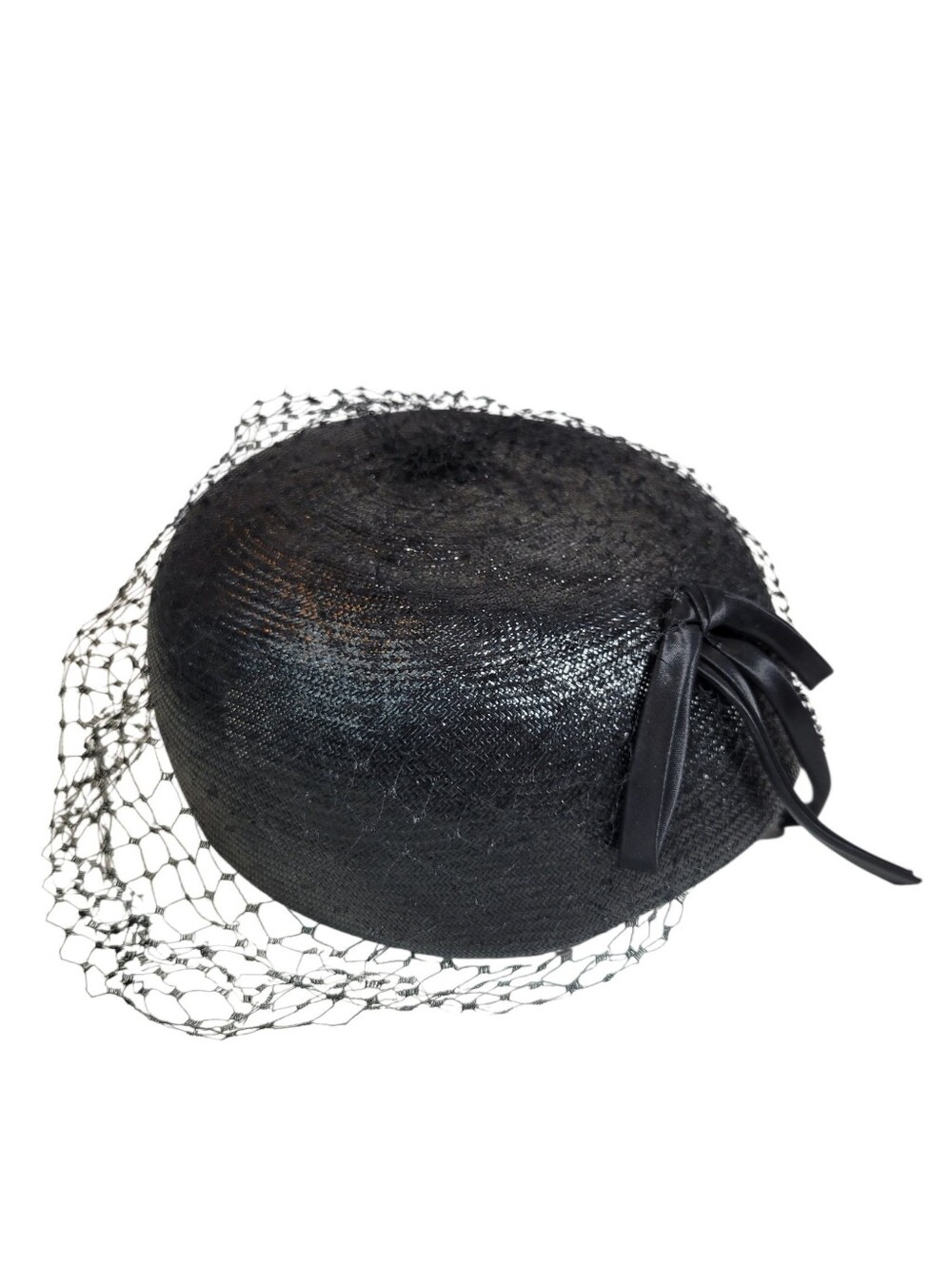 Vintage 50s black Parkridge Exclusives pillbox hat with black bow and netting